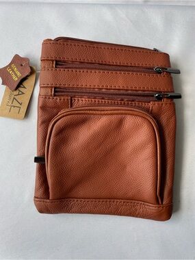 New Genuine Leather Brown Zippered Crossbody Bag